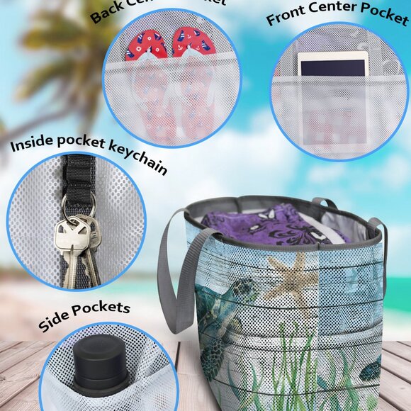 New Extra Large Sea Turtle Scene 7 Pocket Mesh Sand-Proof Beach Bag - Picture 5 of 6
